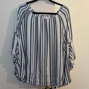 Fever White and Navy Striped Peasant Top